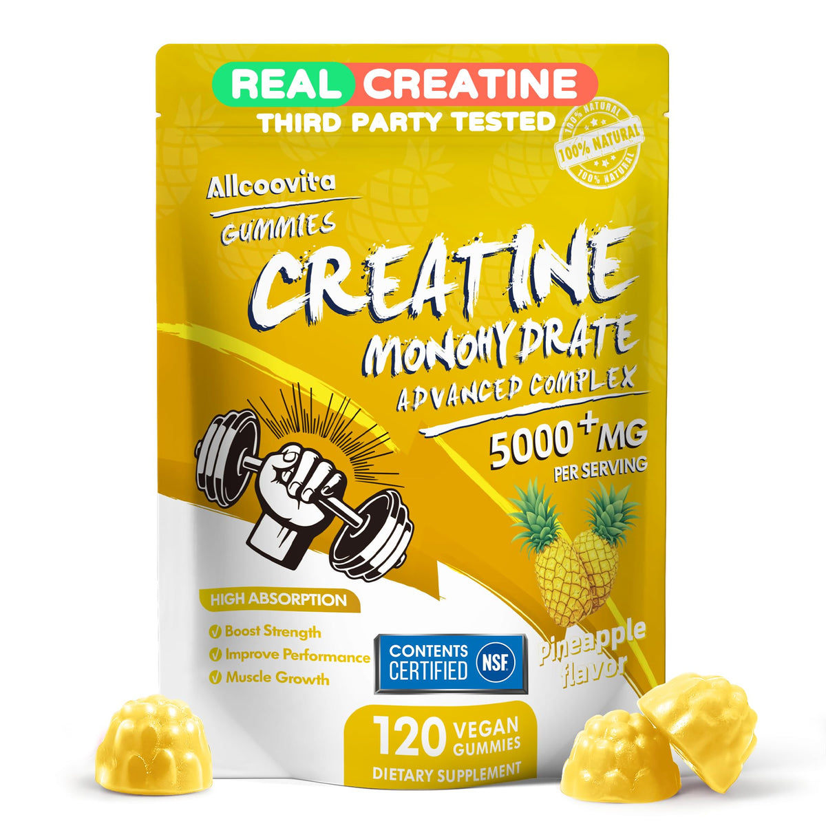 Allcoovita Creatine Gummy envase frente, apoyo a la fuerza diaria