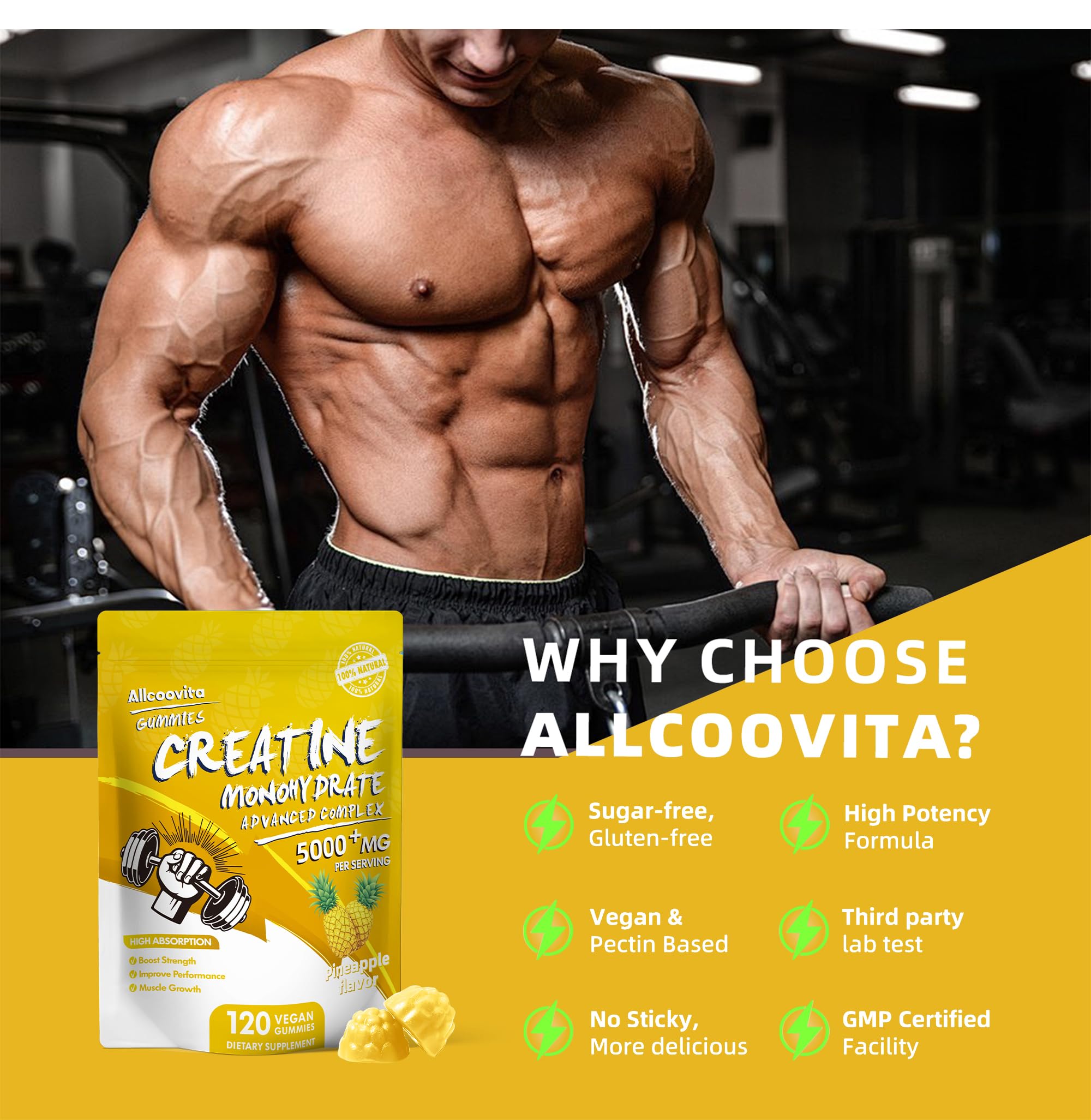 Allcoovita Creatine Gummy pre-entrenamiento, comodidad sin polvo