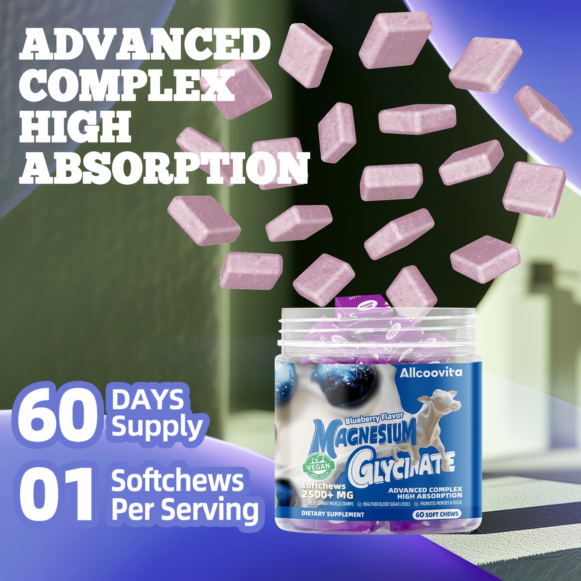 Allcoovita gomitas magnesio glicinato arándano, calma y apoyo para dormir ligero.
