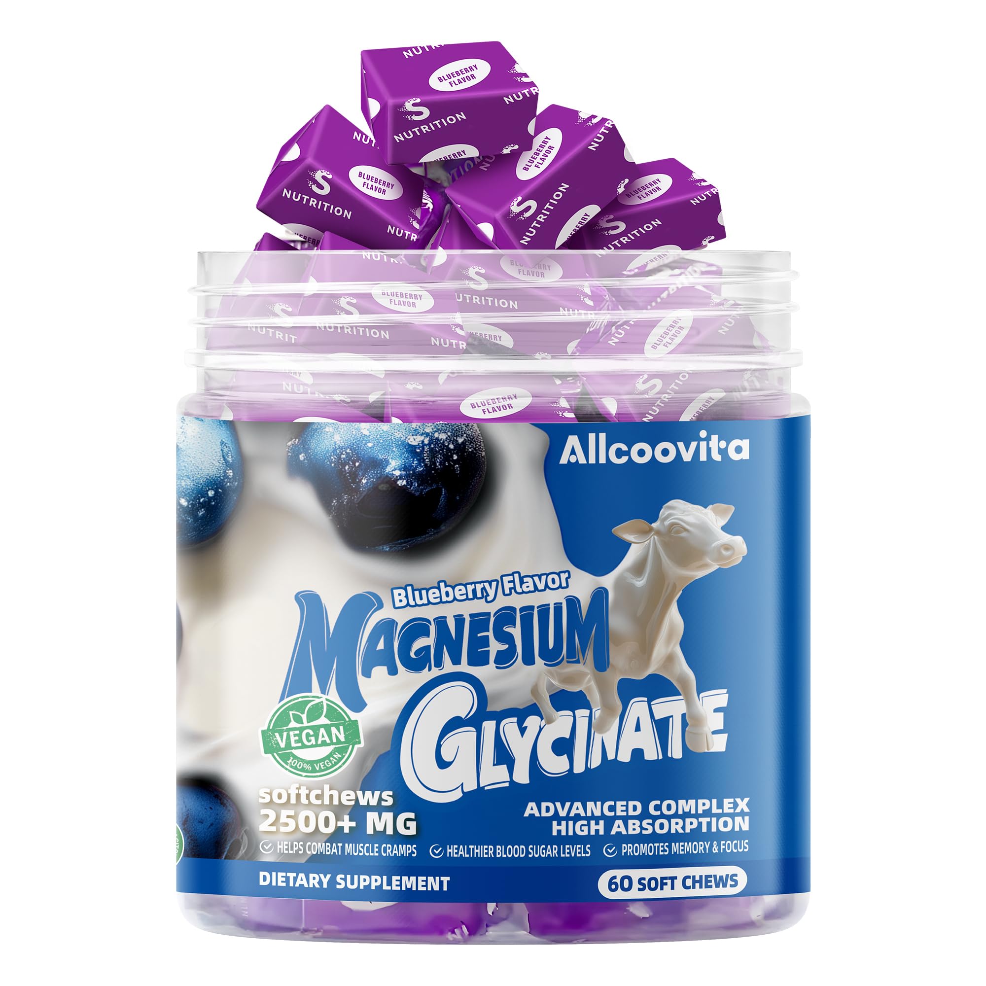Allcoovita gomitas magnesio glicinato arándano, etiqueta con ingredientes clave.