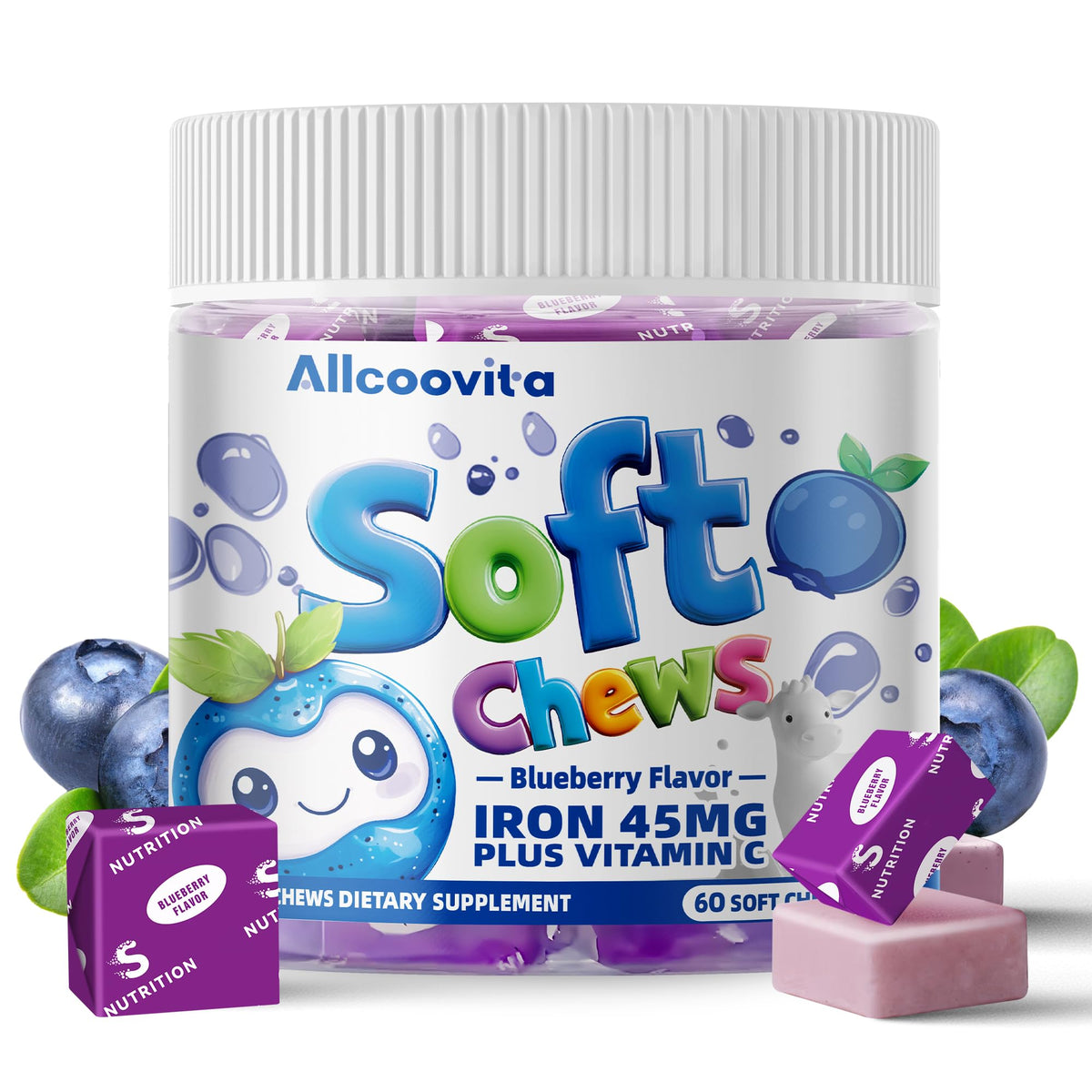 Allcoovita hierro gomitas arándano, botella, apoyo diario para energía