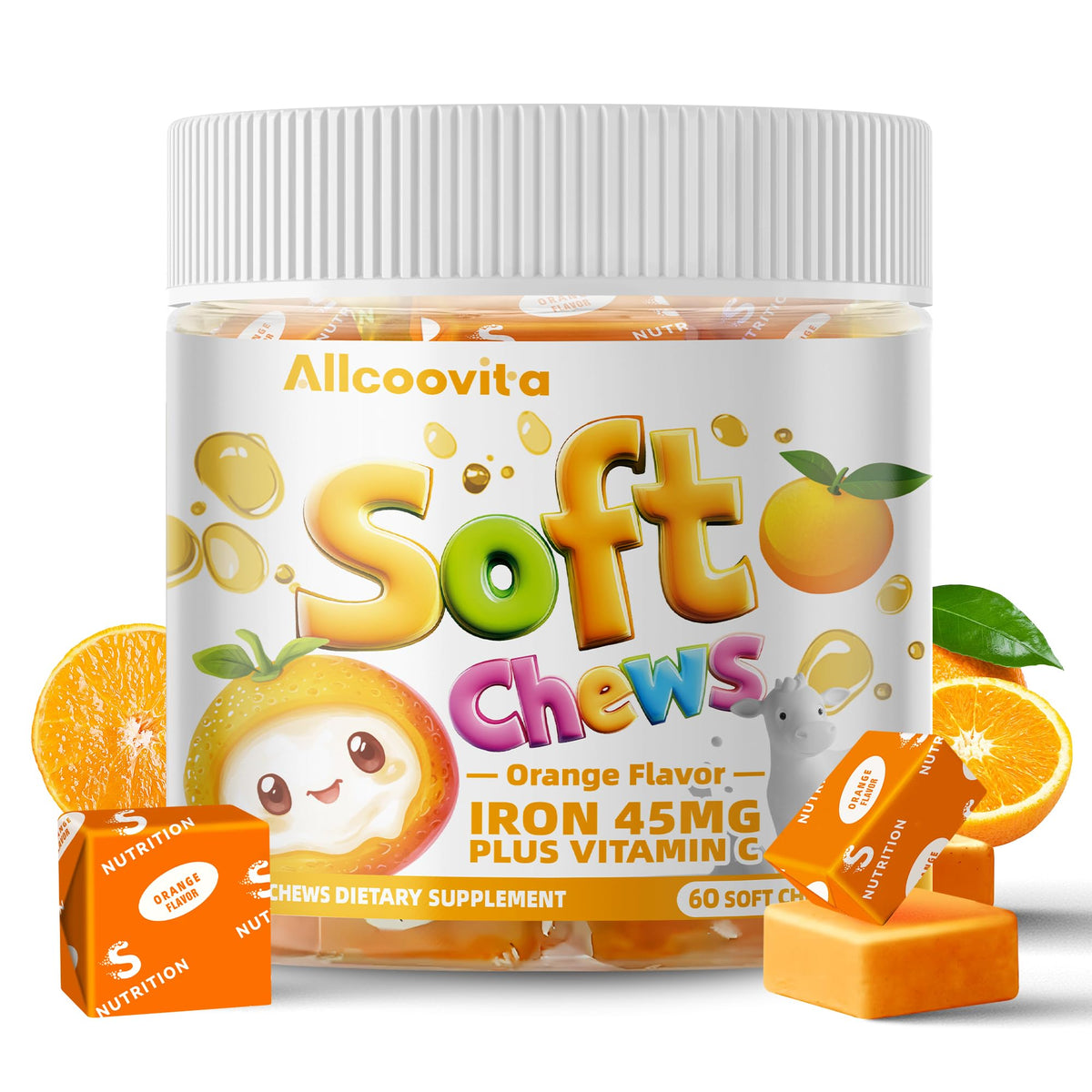 Allcoovita hierro masticables naranja para vitalidad diaria.