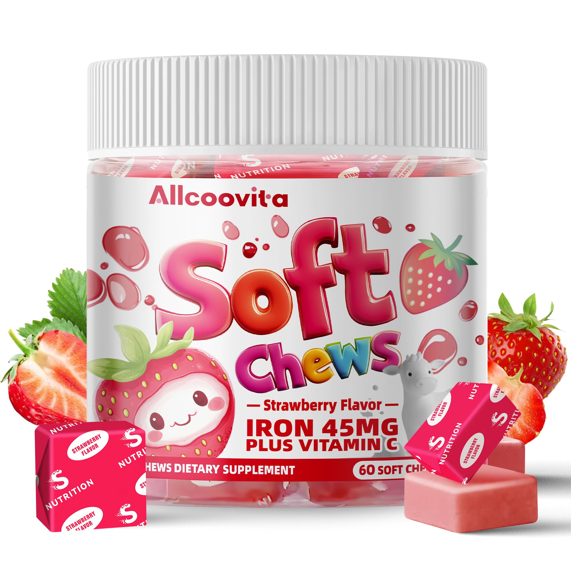 Allcoovita masticables de hierro con sabor a fresa en frasco, opción diaria conveniente.