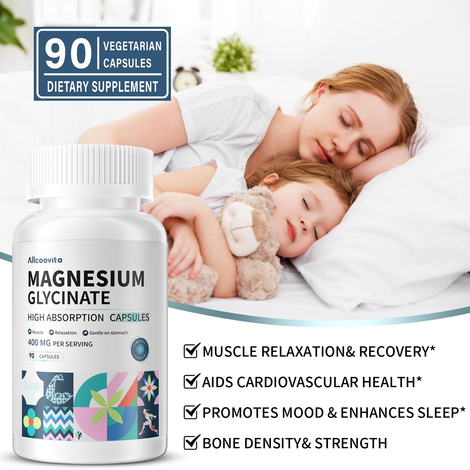 Allcoovita Magnesio Glicinato, etiqueta frontal, destaca su calidad y pureza para uso diario.