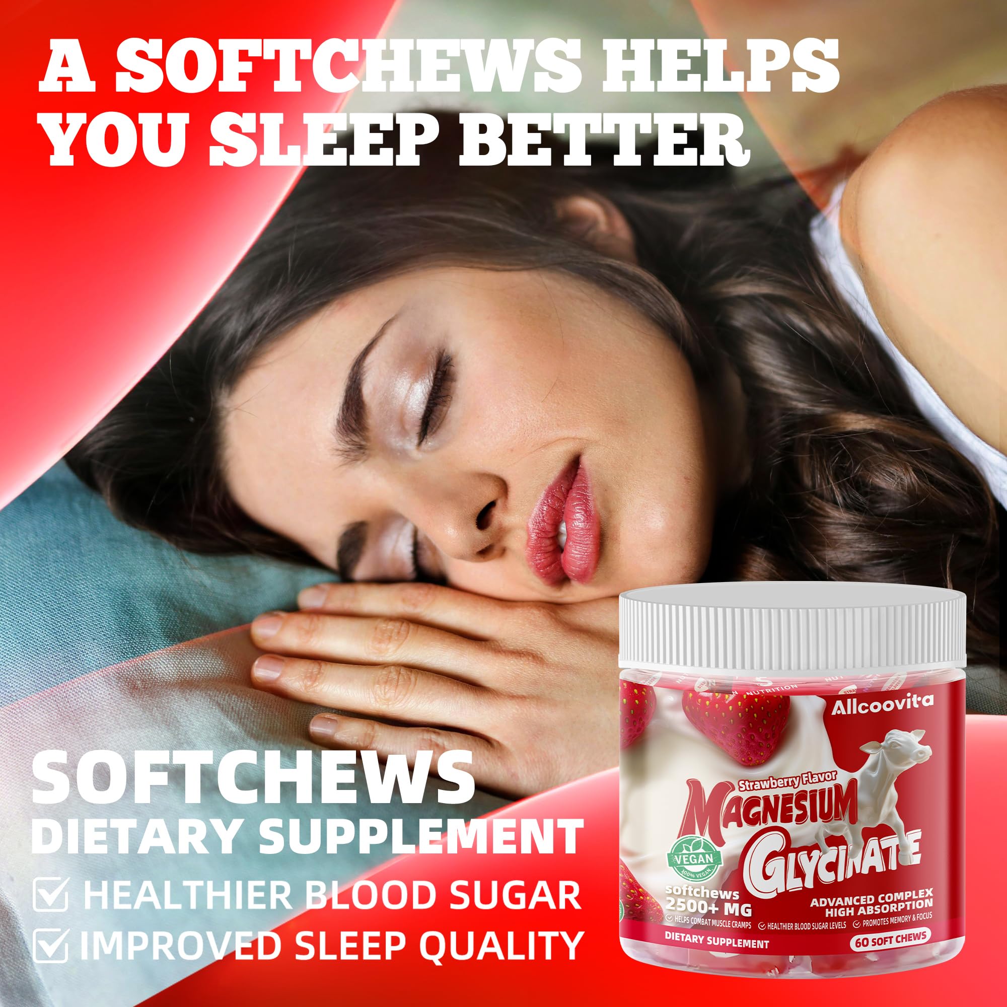 Allcoovita masticables con sabor fresa para relajación suave.