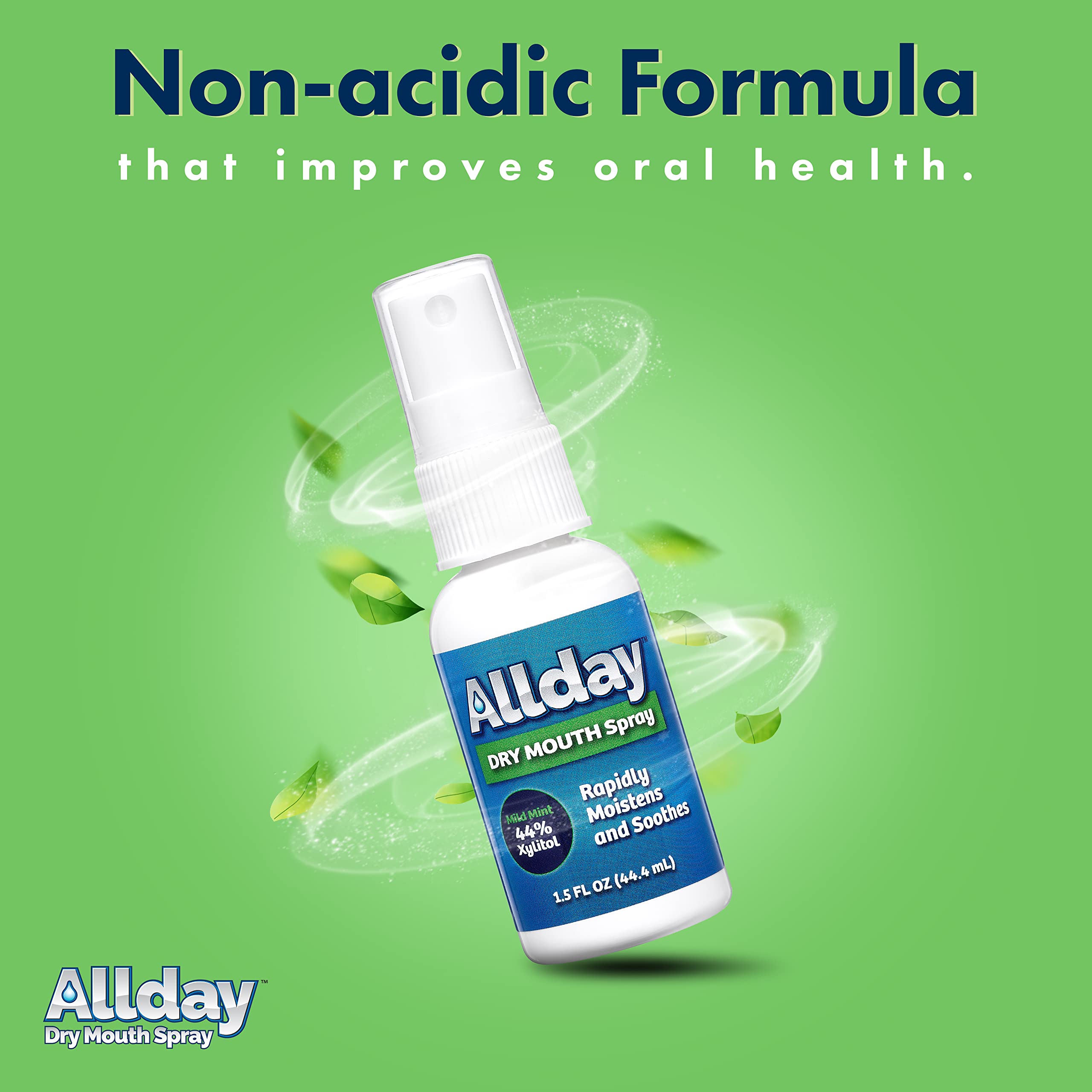 Allday Dry Mouth Spray: fórmula con 44% de xilitol para sabor suave.