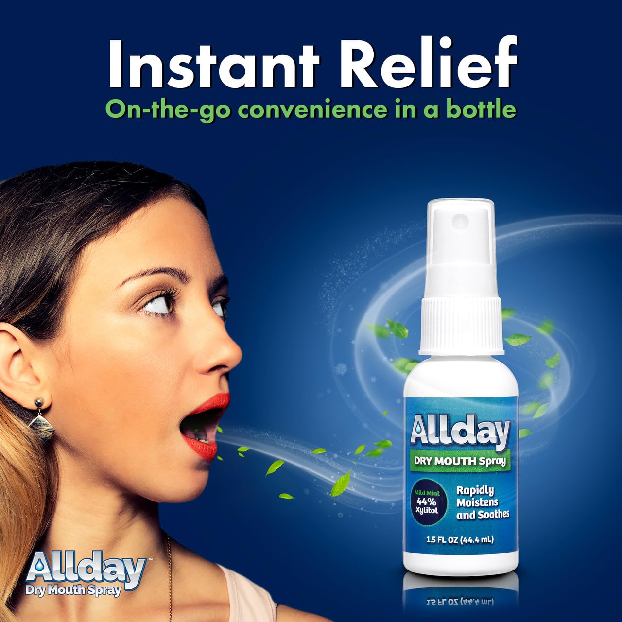 Allday Dry Mouth Spray: empaque portátil para llevar en bolso o bolsillo.