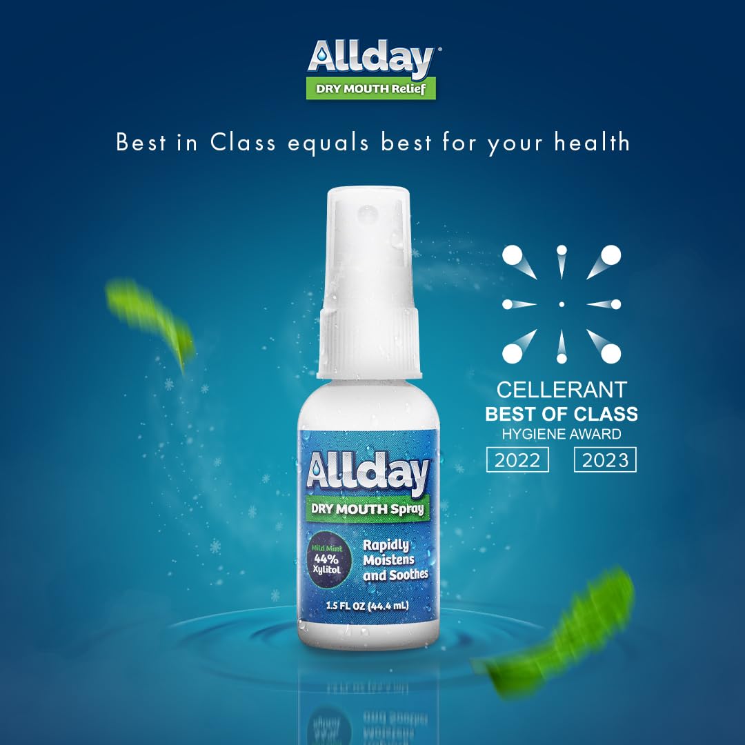 Allday Dry Mouth Spray: empaque de dos unidades para uso diario.
