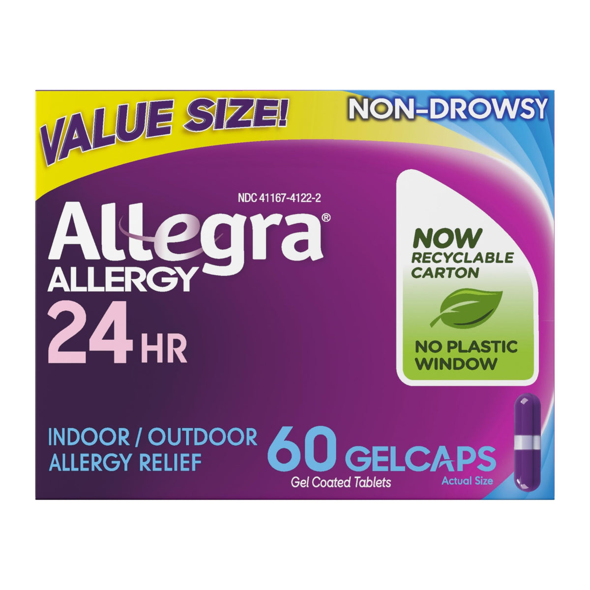 Allegra cápsulas gel en botella, alivio duradero de alergias sin somnolencia.