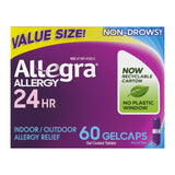 Allegra cápsulas gel en botella, alivio duradero de alergias sin somnolencia.