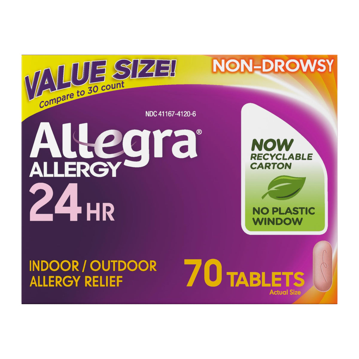 Envase Allegra de 70 tabletas para alivio diario de alergias.