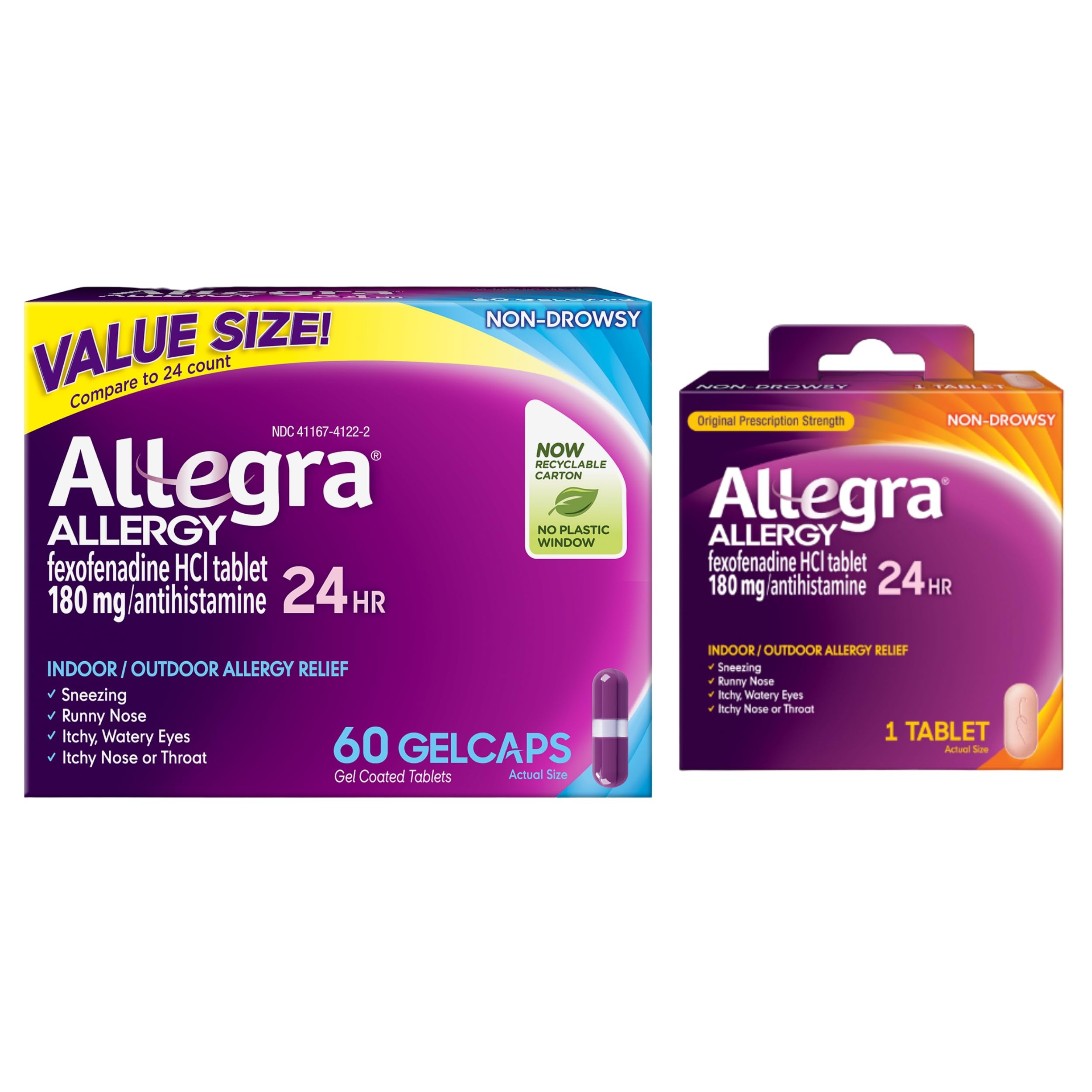 Allegra Gelcaps en botella ofrecen alivio de alergias durante 24 horas.