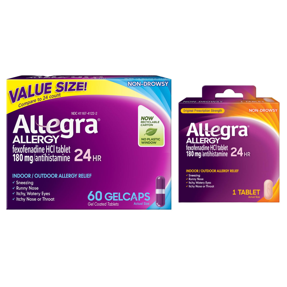 Allegra Gelcaps en botella ofrecen alivio de alergias durante 24 horas.