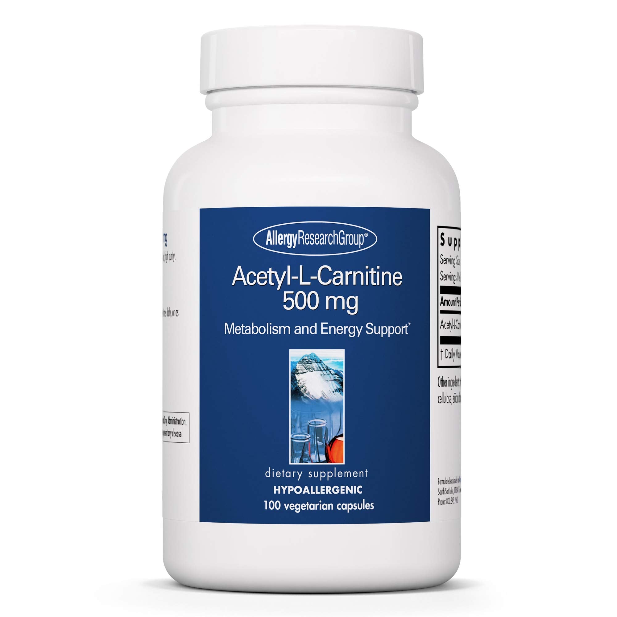 Allergy Research Group Acetyl-L-Carnitine 500 mg botella, apoyo metabólico y energía diaria.