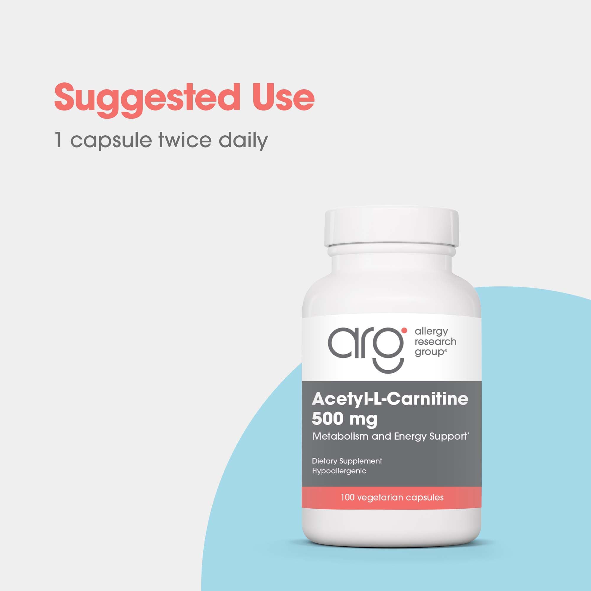 Allergy Research Group Acetyl-L-Carnitine 500 mg empaque dorso, panel de información del producto.