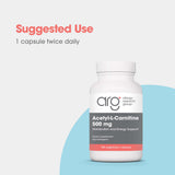 Allergy Research Group Acetyl-L-Carnitine 500 mg empaque dorso, panel de información del producto.