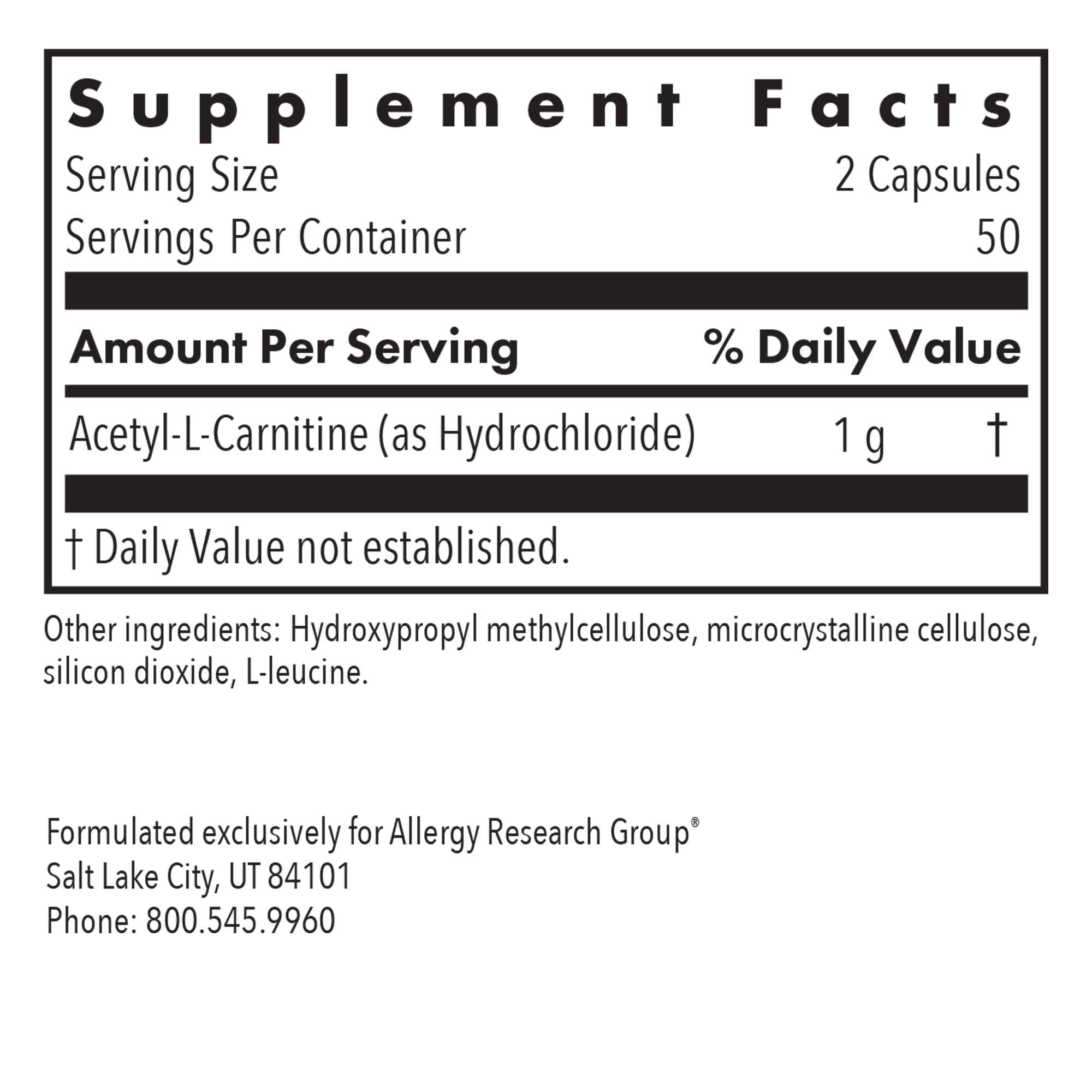 Allergy Research Group Acetyl-L-Carnitine 500 mg etiqueta frontal, información clara del producto.