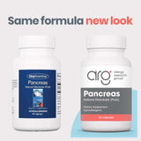 Allergy Research Group ARG Pancreas Natural Glandular, etiqueta frontal, información de pureza y uso.