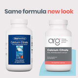 Etiqueta de Allergy Research Group Calcium Citrate destaca pureza y lista de alérgenos.