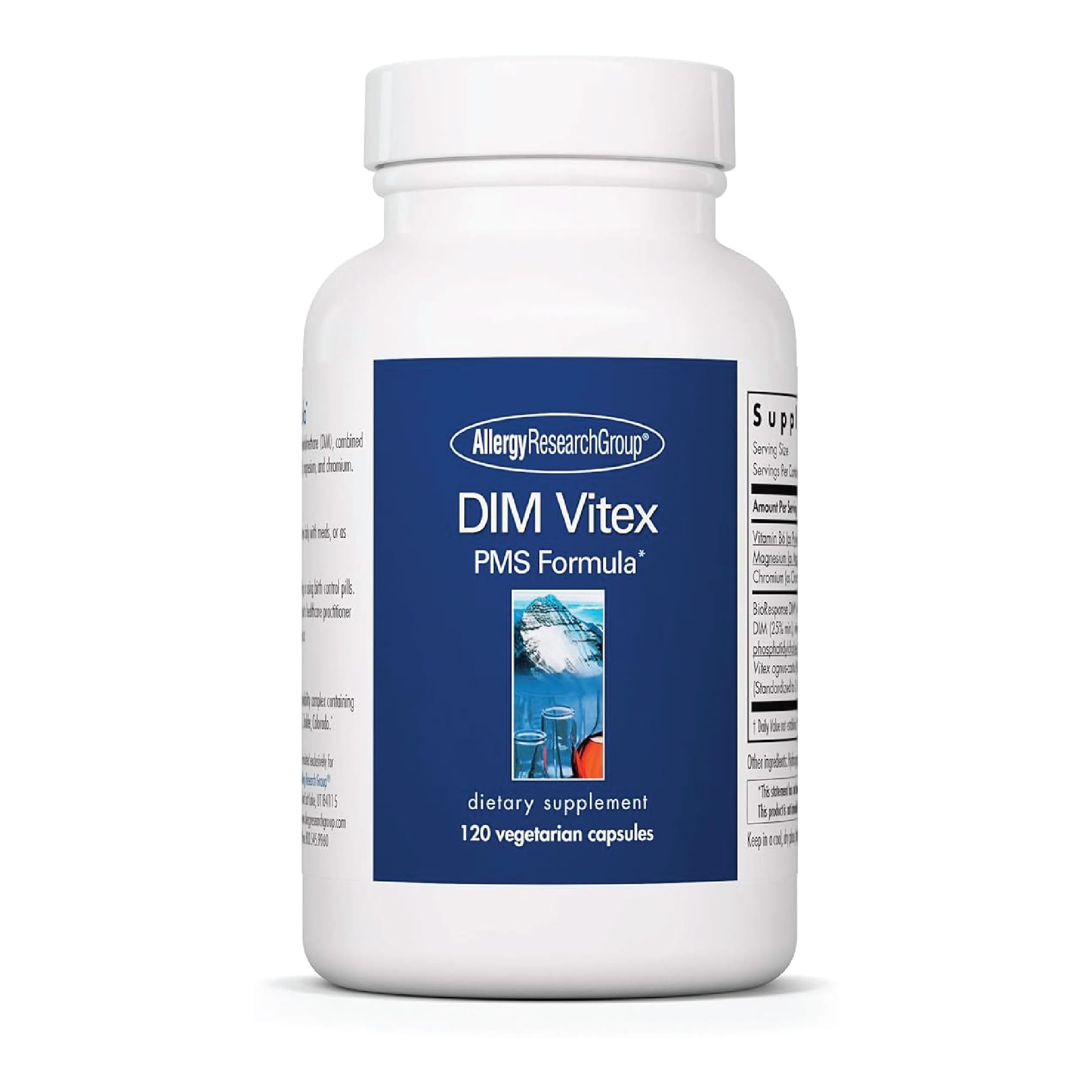 Allergy Research Group DIM Vitex, botella, apoyo diario al metabolismo hormonal.
