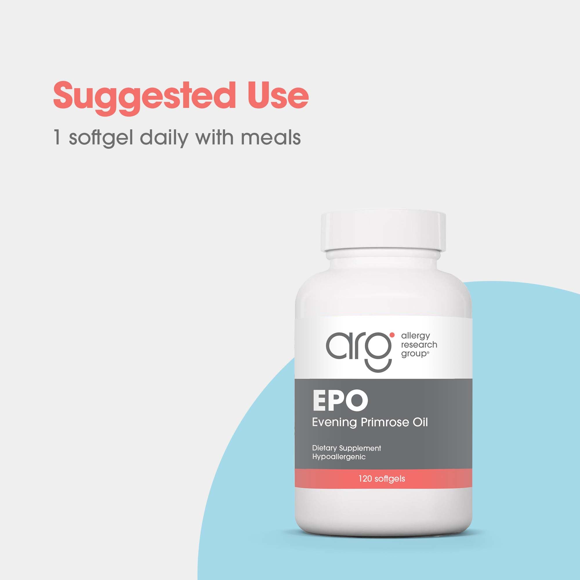 Allergy Research Group EPO, etiqueta clara facilita identificar el suplemento diario.