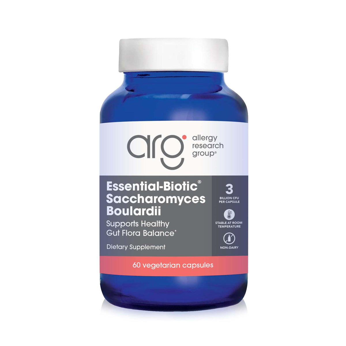 Allergy Research Group Essential-Biotic Saccharomyces Boulardii, botella con cápsulas, promueve un equilibrio intestinal.