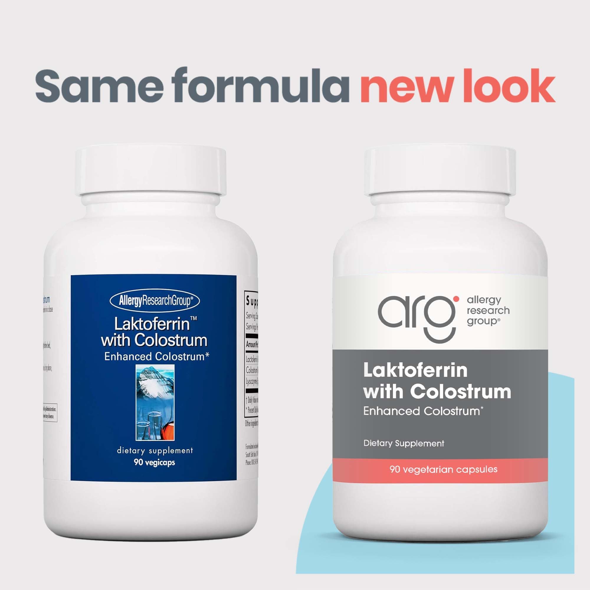 Allergy Research Group Lactoferrina con Calostro: etiqueta detallada con ingredientes y beneficios posibles.