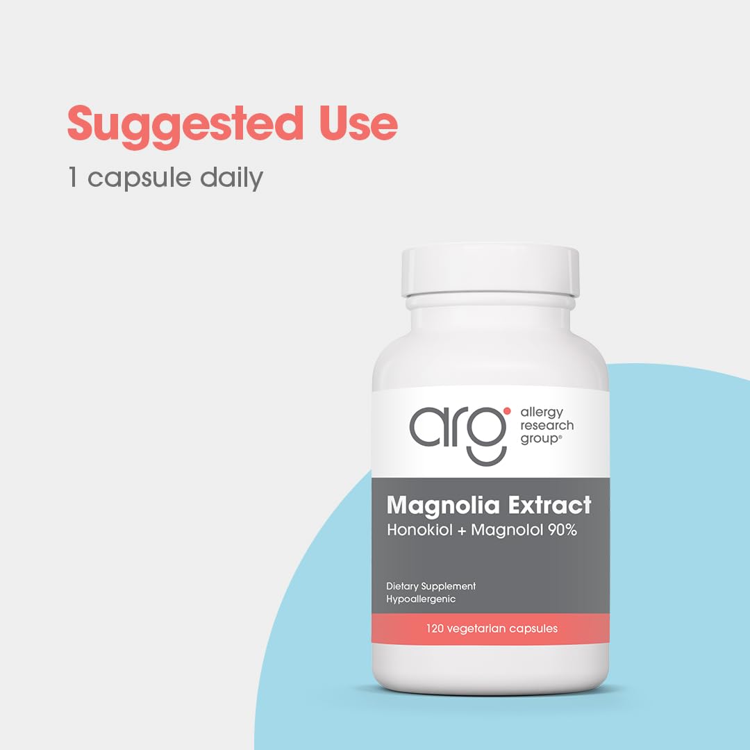 Etiqueta de Allergy Research Group Magnolia Extract, destaca la concentración de honokiol y magnolol.