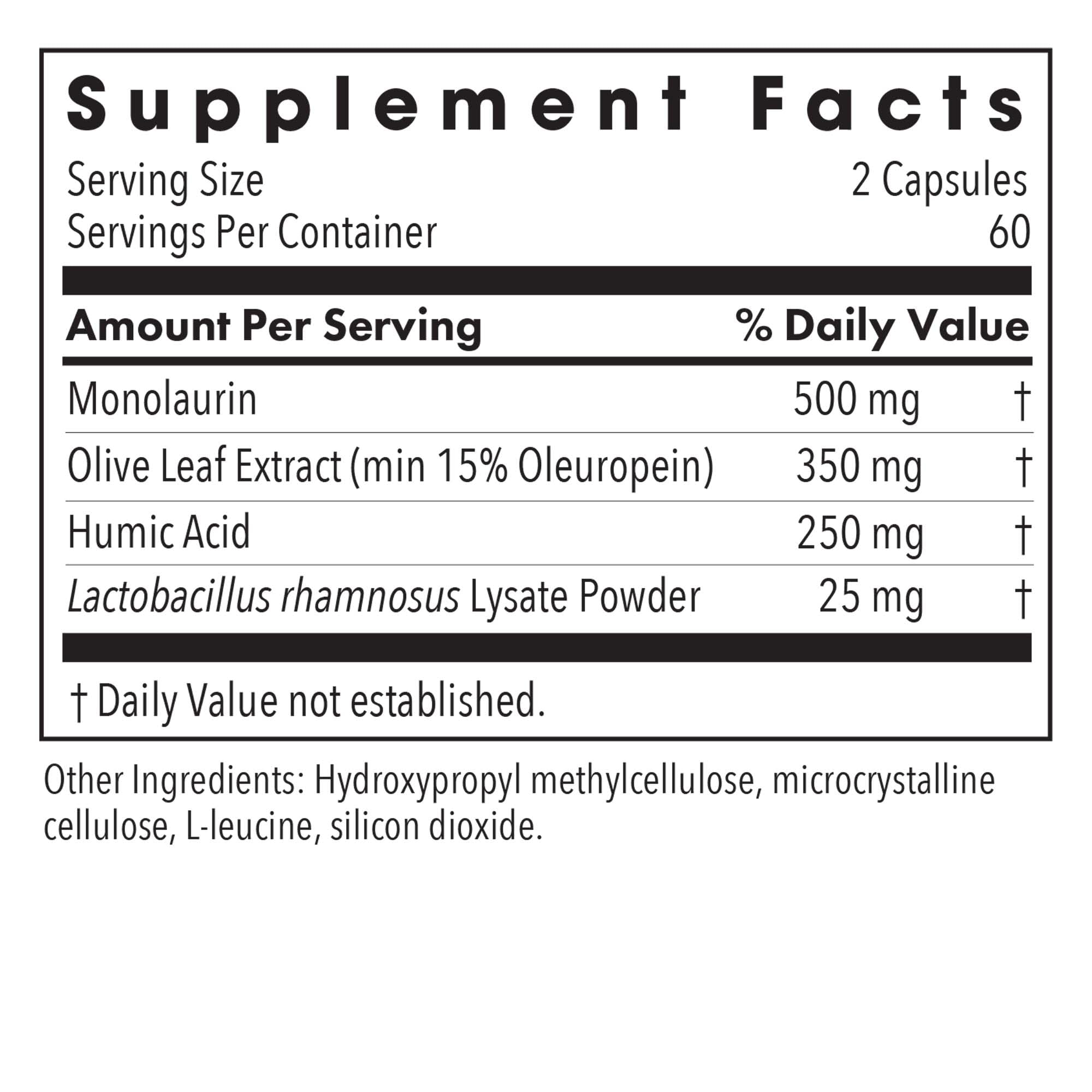 Cápsulas vegetarianas de Allergy Research Group Humic-Monolaurin Complex para la ingesta diaria.