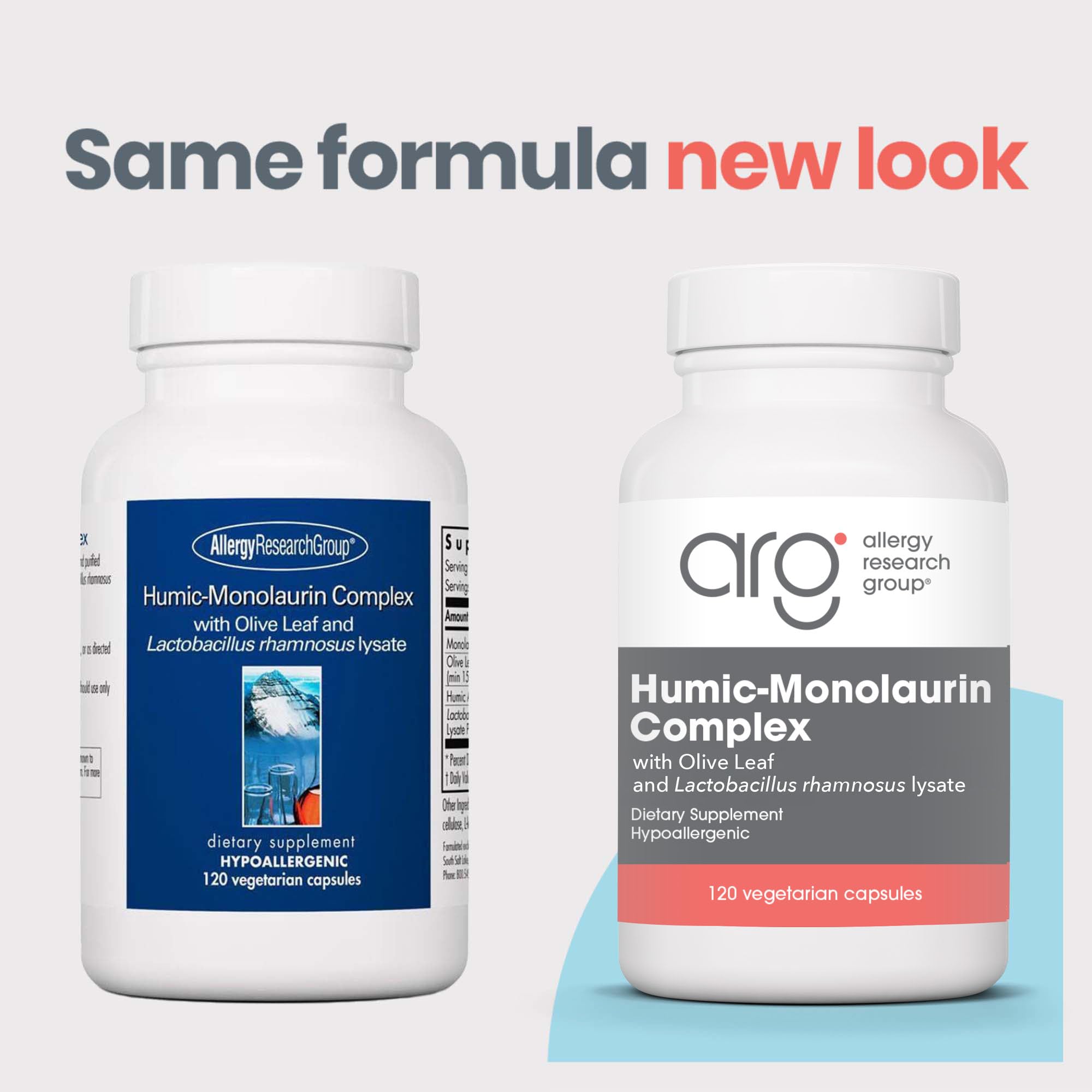 Etiqueta frontal de Allergy Research Group Humic-Monolaurin Complex.