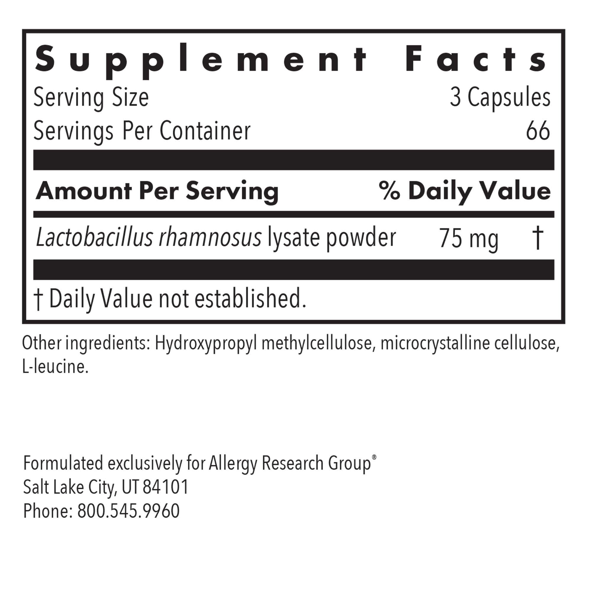 Allergy Research Group ImmunoBiotic Pro, etiqueta frontal, información de ingredientes clara.