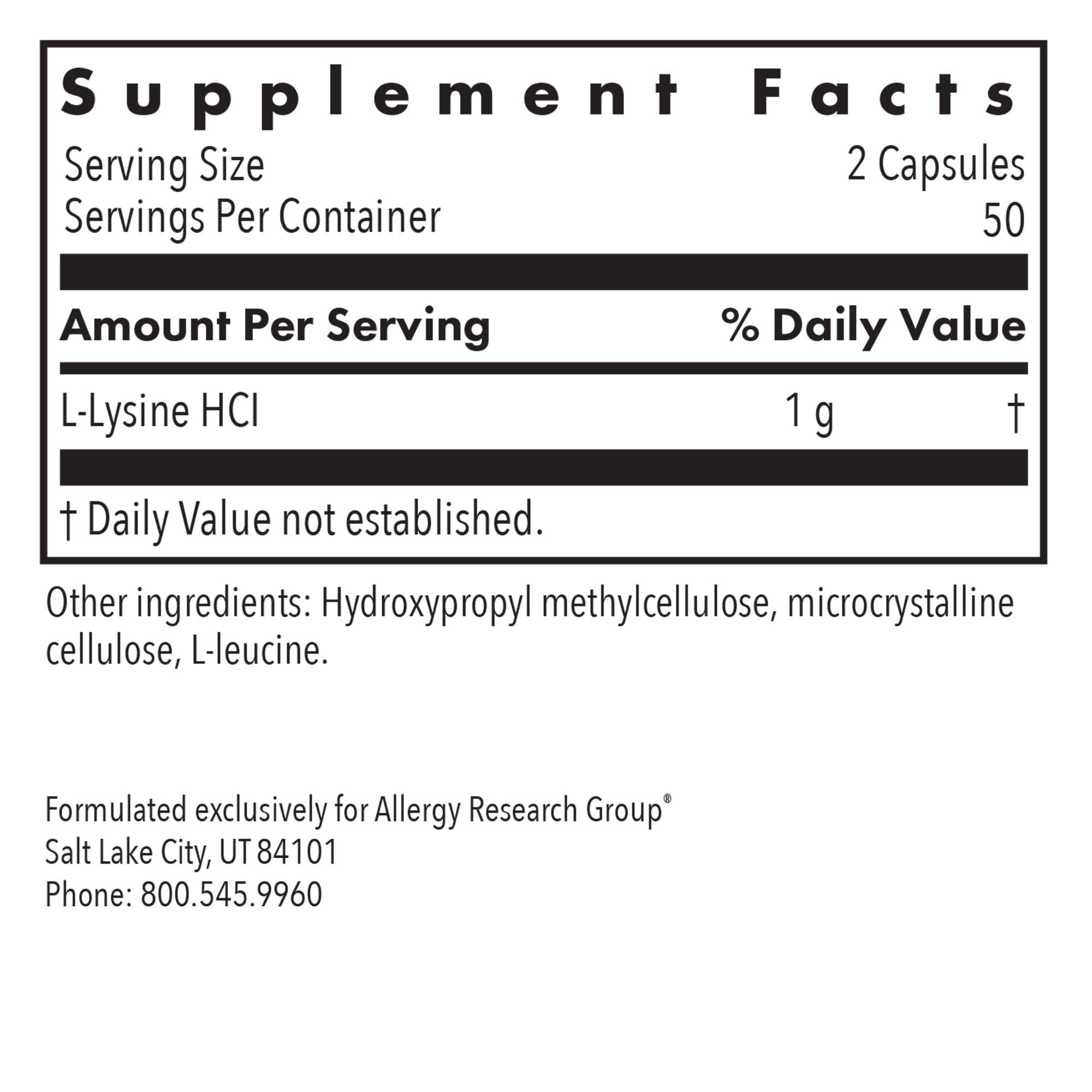 Allergy Research Group L-Lisina: etiqueta clara que destaca pureza y ausencia de alérgenos.