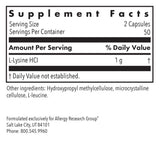 Allergy Research Group L-Lisina: etiqueta clara que destaca pureza y ausencia de alérgenos.