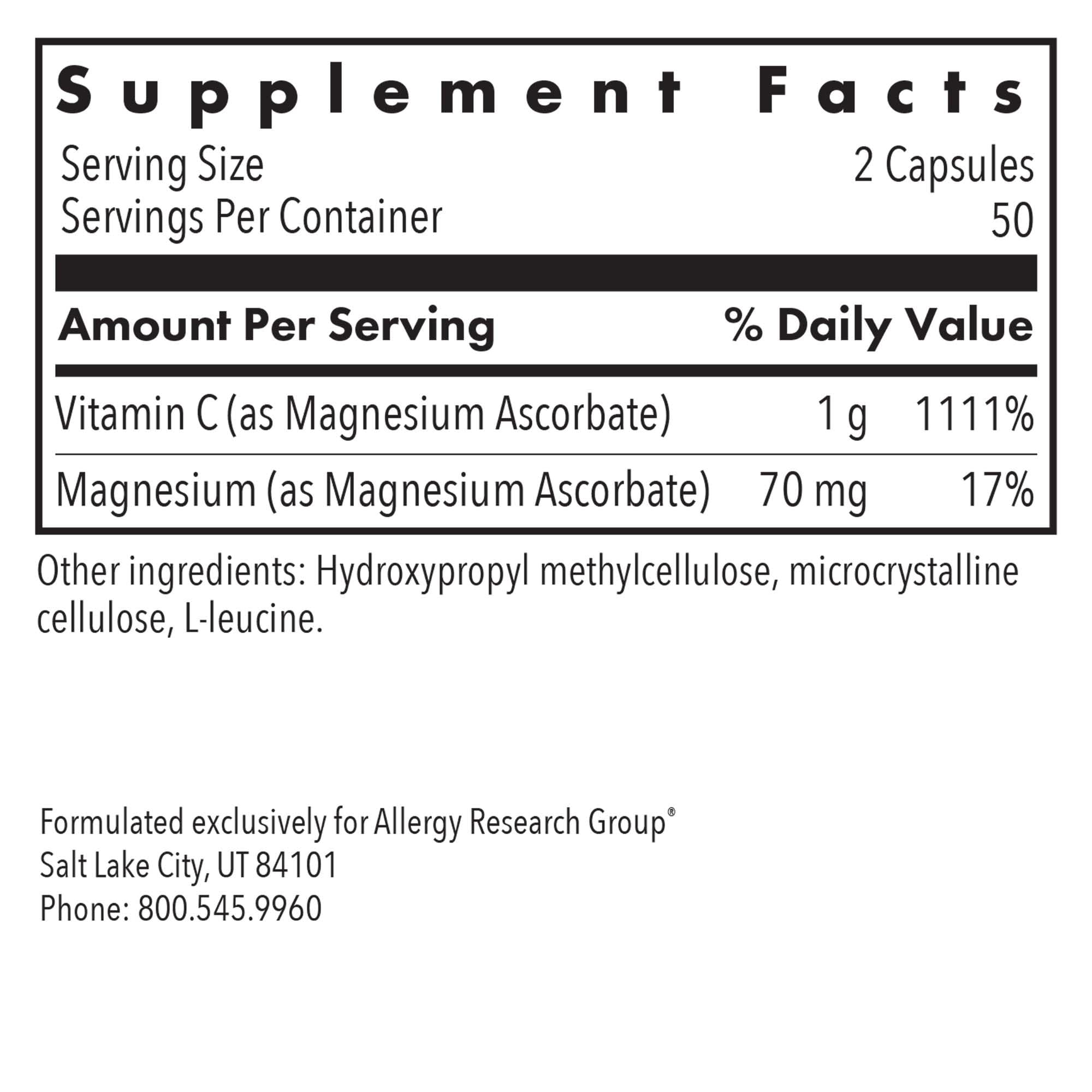 Allergy Research Group Magnesio Ascorbato etiqueta frontal con información de 1000 mg