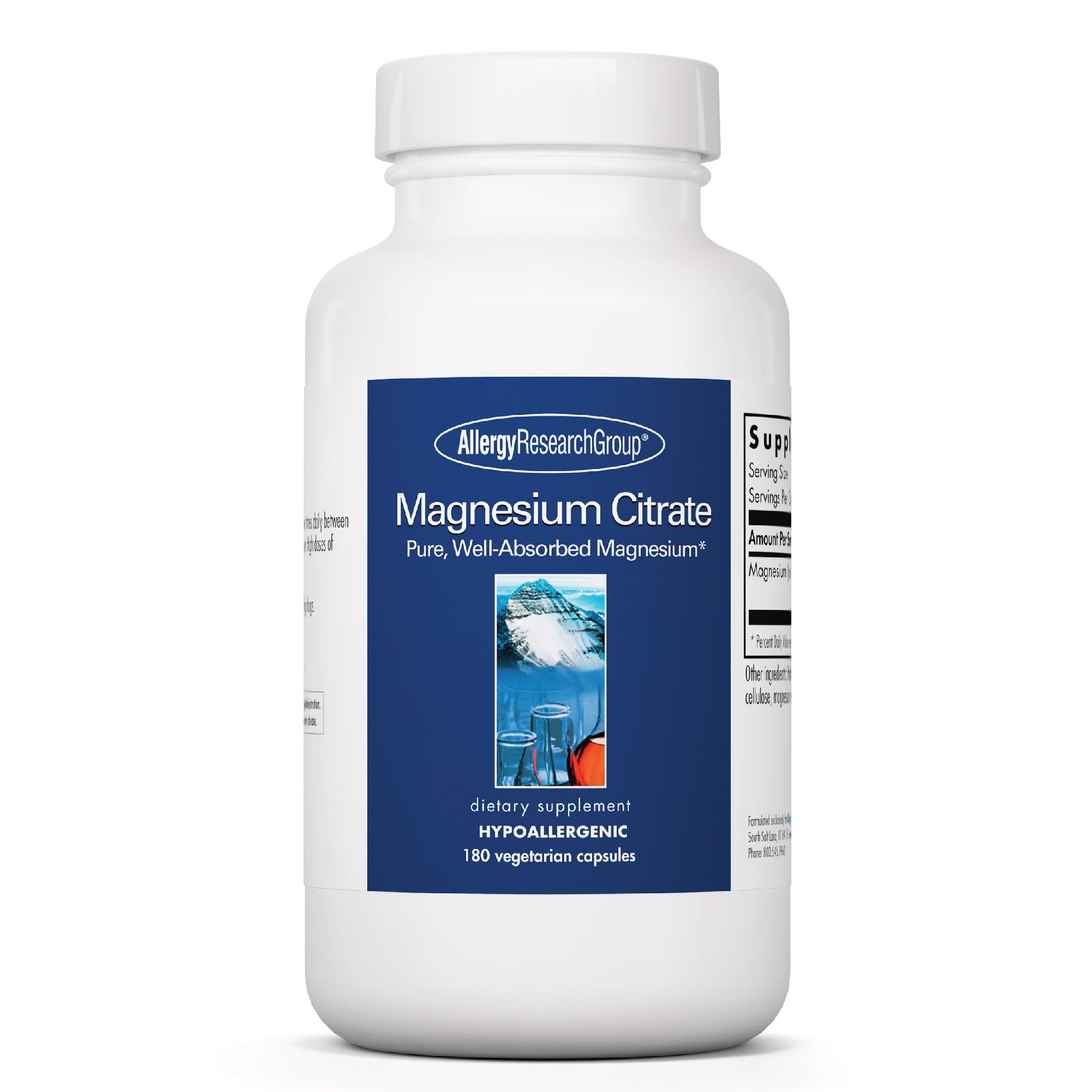 Allergy Research Group Magnesium Citrate: botella con cápsulas para energía y bienestar diario.