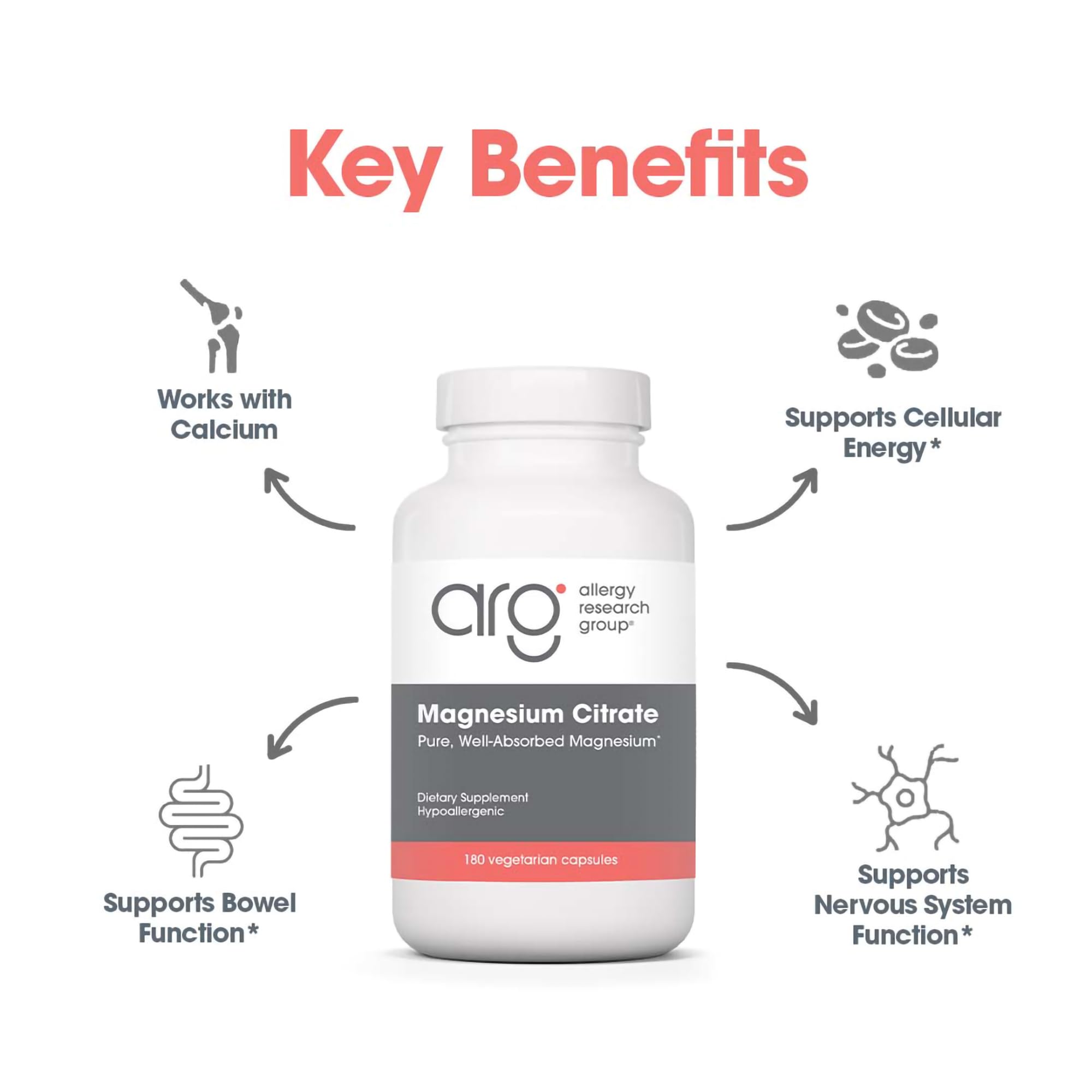 Allergy Research Group Magnesium Citrate: etiqueta que destaca pureza alta y ausencia de alérgenos.