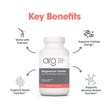 Allergy Research Group Magnesium Citrate: etiqueta que destaca pureza alta y ausencia de alérgenos.