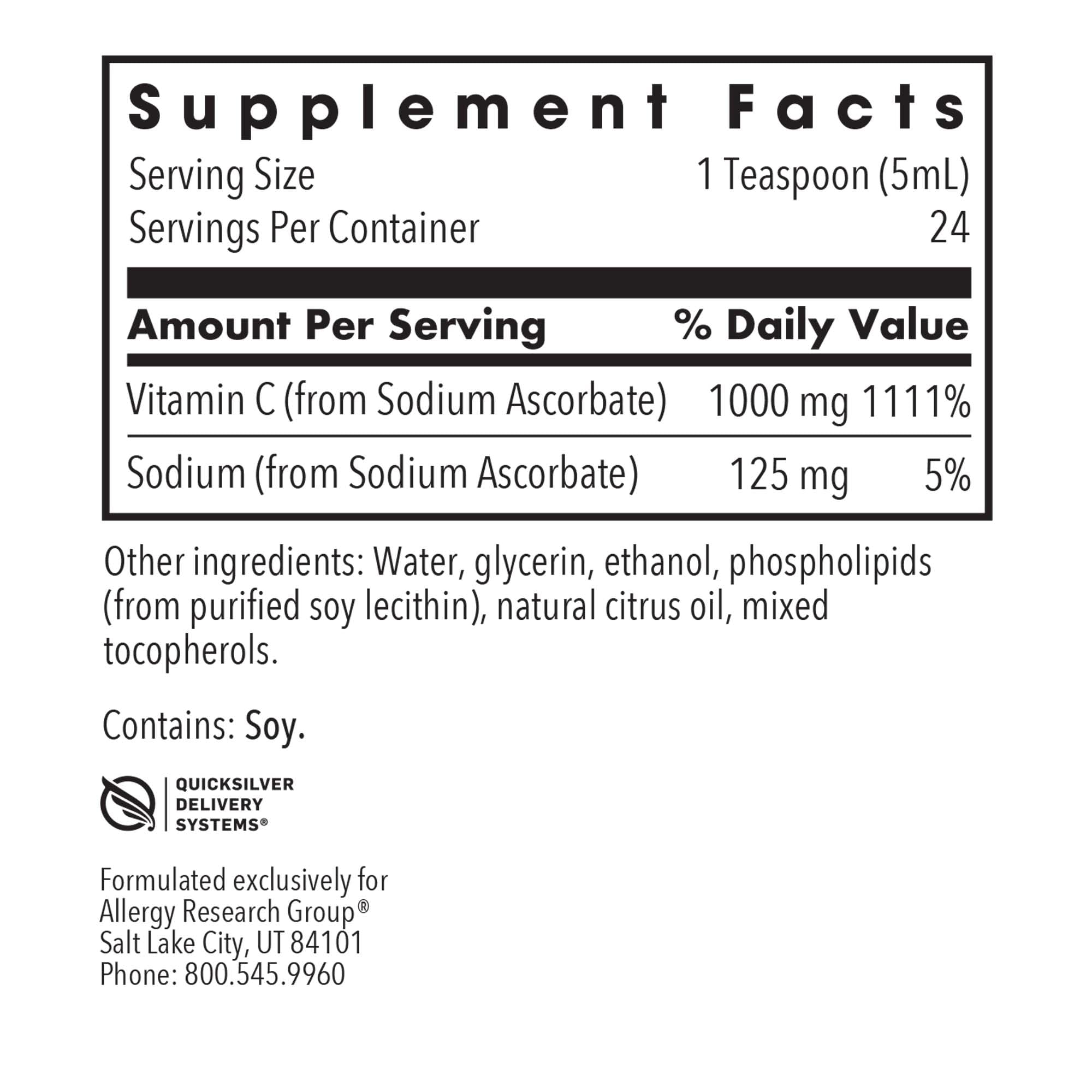 Allergy Research Group Micro Liposomales C 1000mg, etiqueta cercana, destaca liposomales para mejor absorción de la vitamina C.
