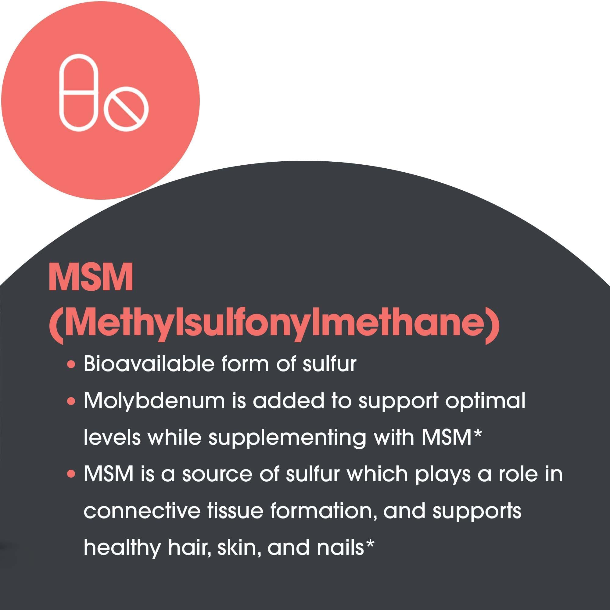 Allergy Research Group MSM cápsulas junto a imagen de cabello saludable.