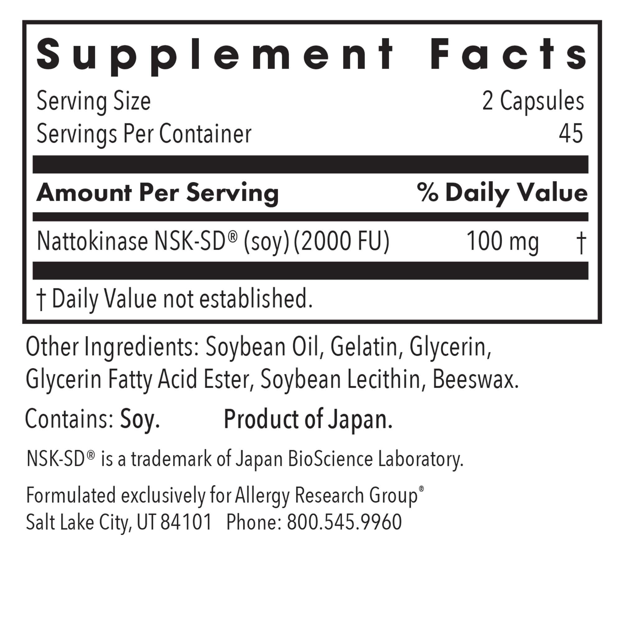 Allergy Research Group nattokinasa-50mg-etiqueta describe la fórmula