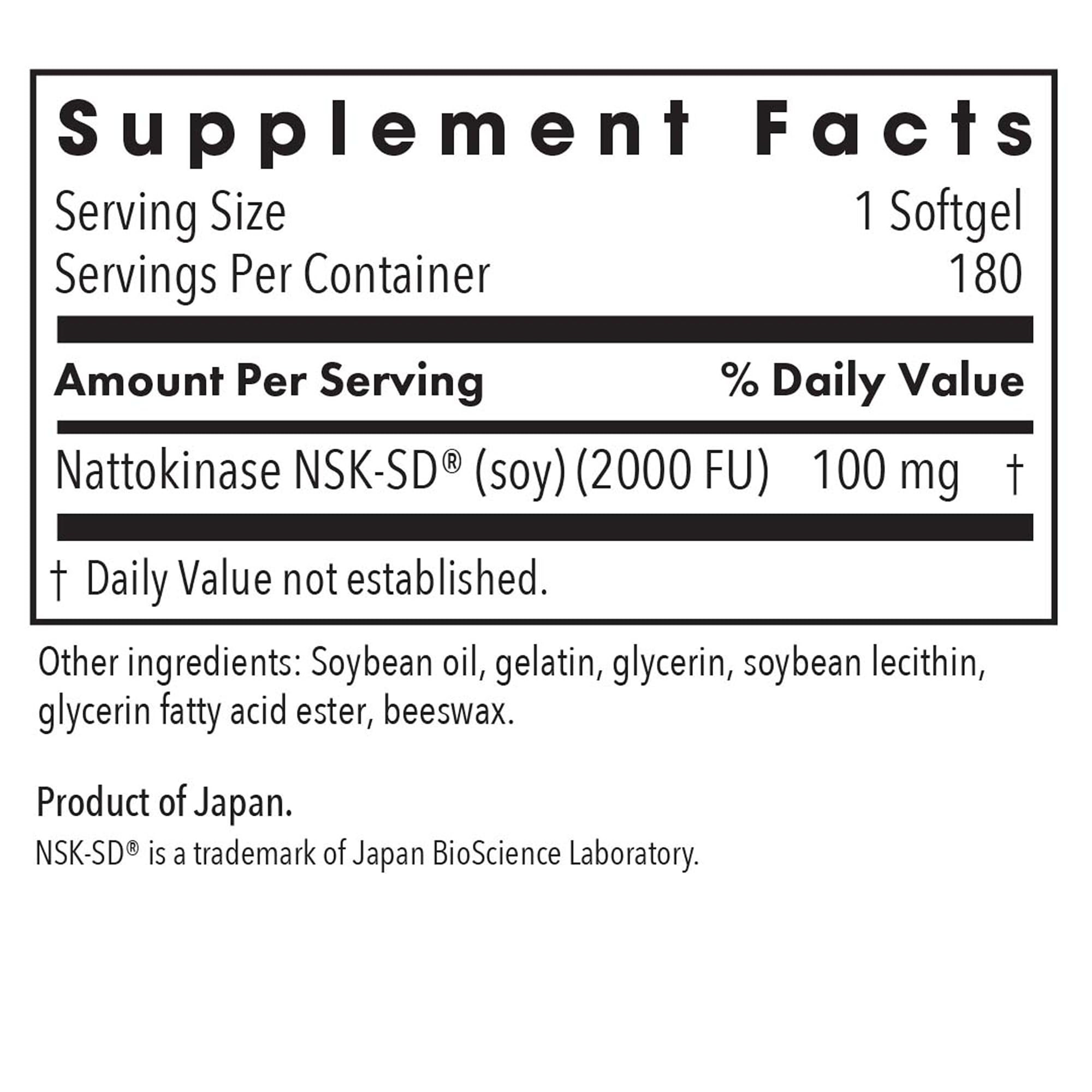 Allergy Research Group Nattokinase 100 mg: etiqueta frontal muestra NSK-SD y componentes clave.