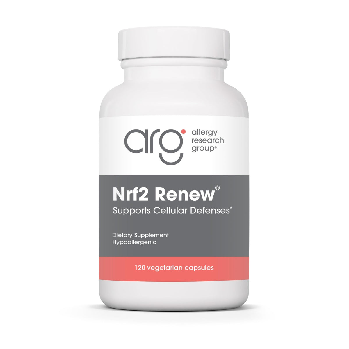 Allergy Research Group Nrf2 Renew: botella de cápsulas para uso diario.