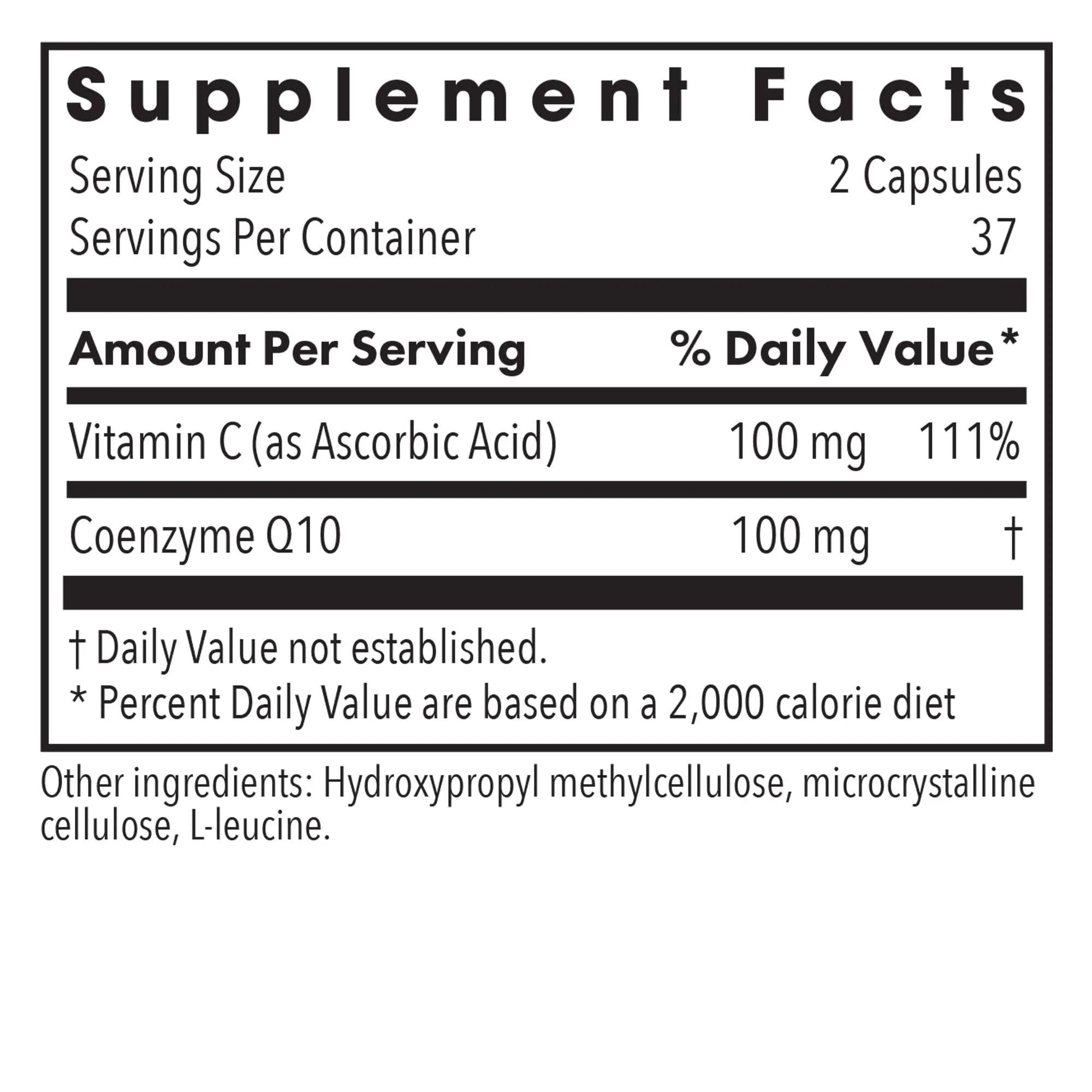 Nutricology Coenzima Q10 etiqueta close-up, información de Vitamina C
