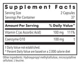 Nutricology Coenzima Q10 etiqueta close-up, información de Vitamina C
