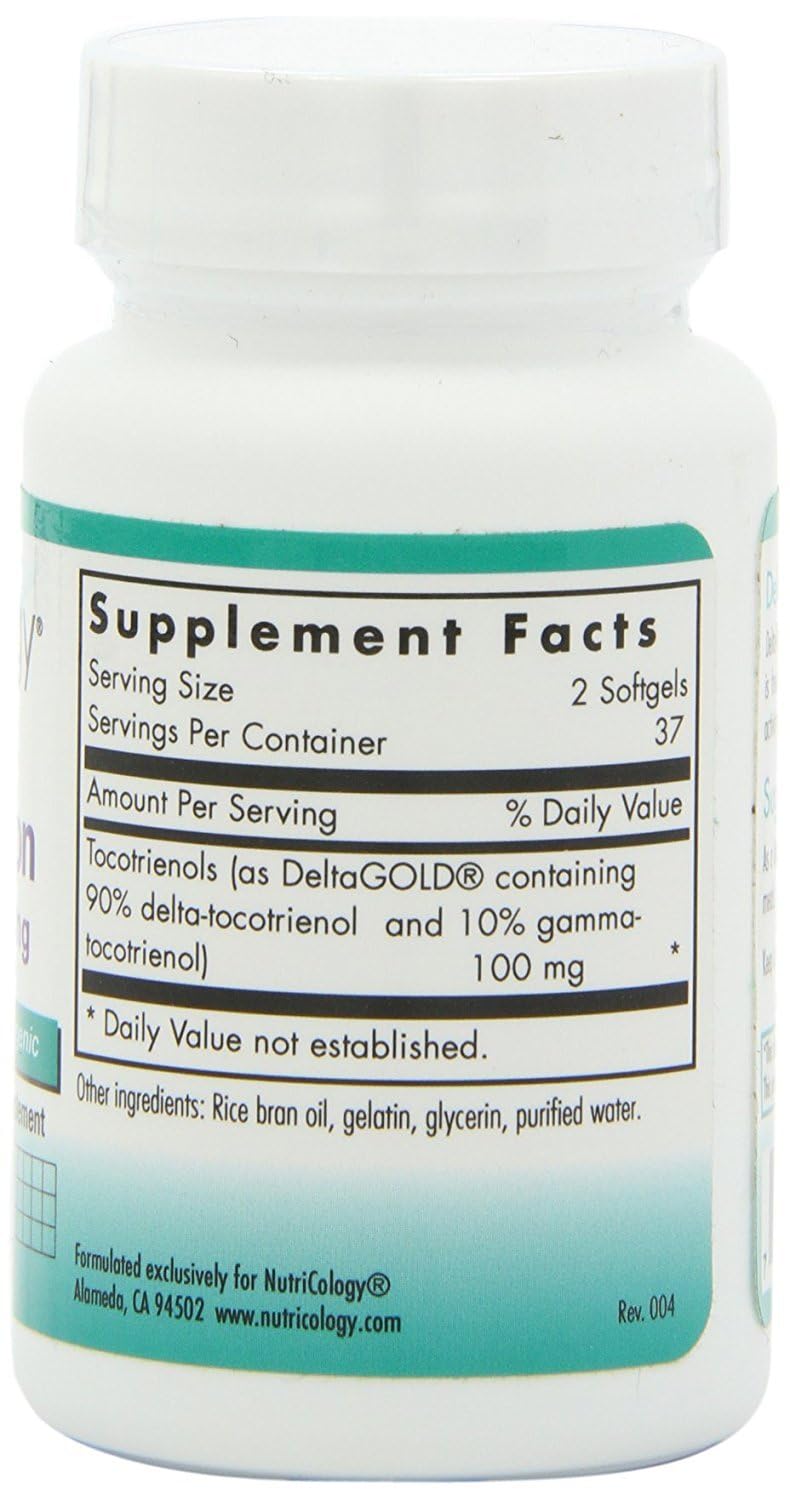 Etiqueta frontal de Nutricology Delta-Fraction Tocotrienols con información clara