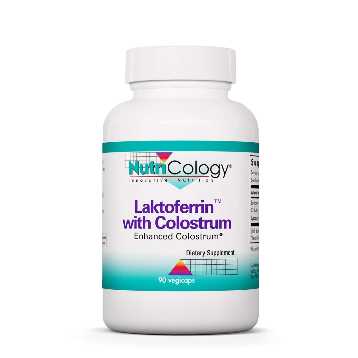 NutriCology Laktoferrin con Colostro en botella para apoyo inmunitario diario.