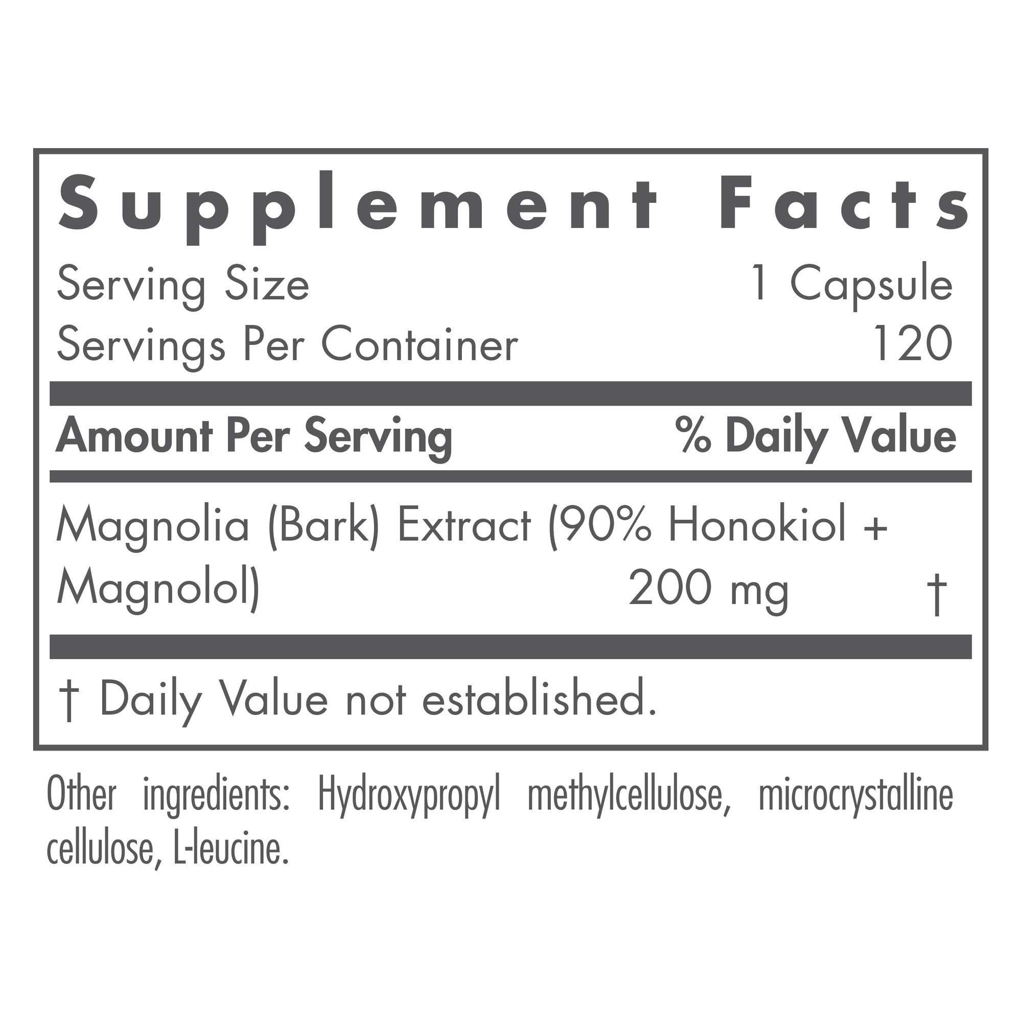 Allergy Research Group Nutricology Magnolia Extract, cápsulas visibles, posible ayuda para un sueño sereno.