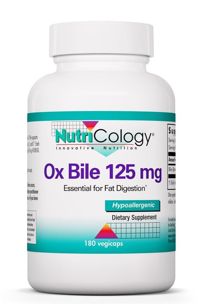 Allergy Research Group NutriCology Ox Bile 125 mg, botella visible, apoyo a la digestión de grasas