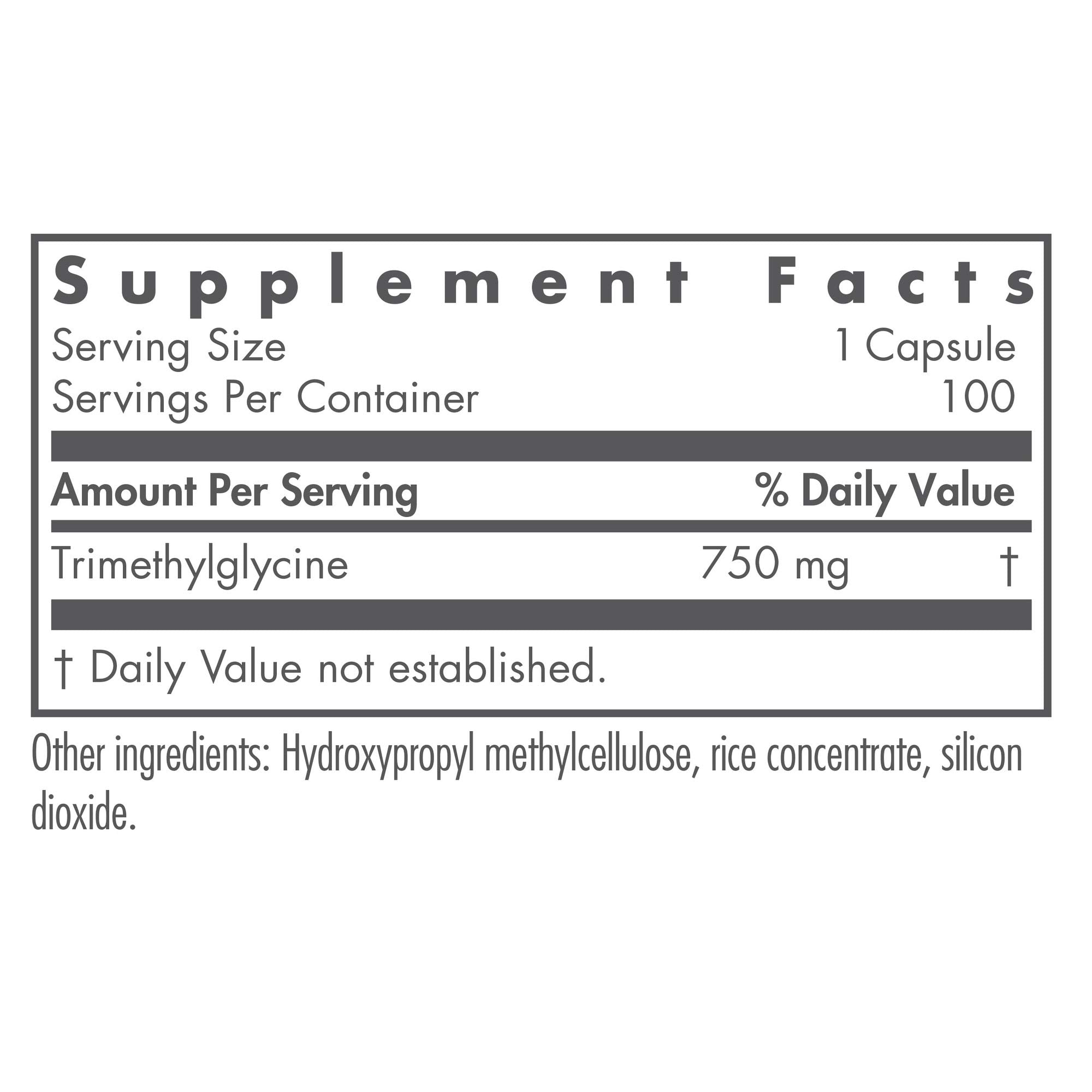 NutriCology TMG de Allergy Research Group, etiqueta muestra 750 mg por cápsula para salud celular