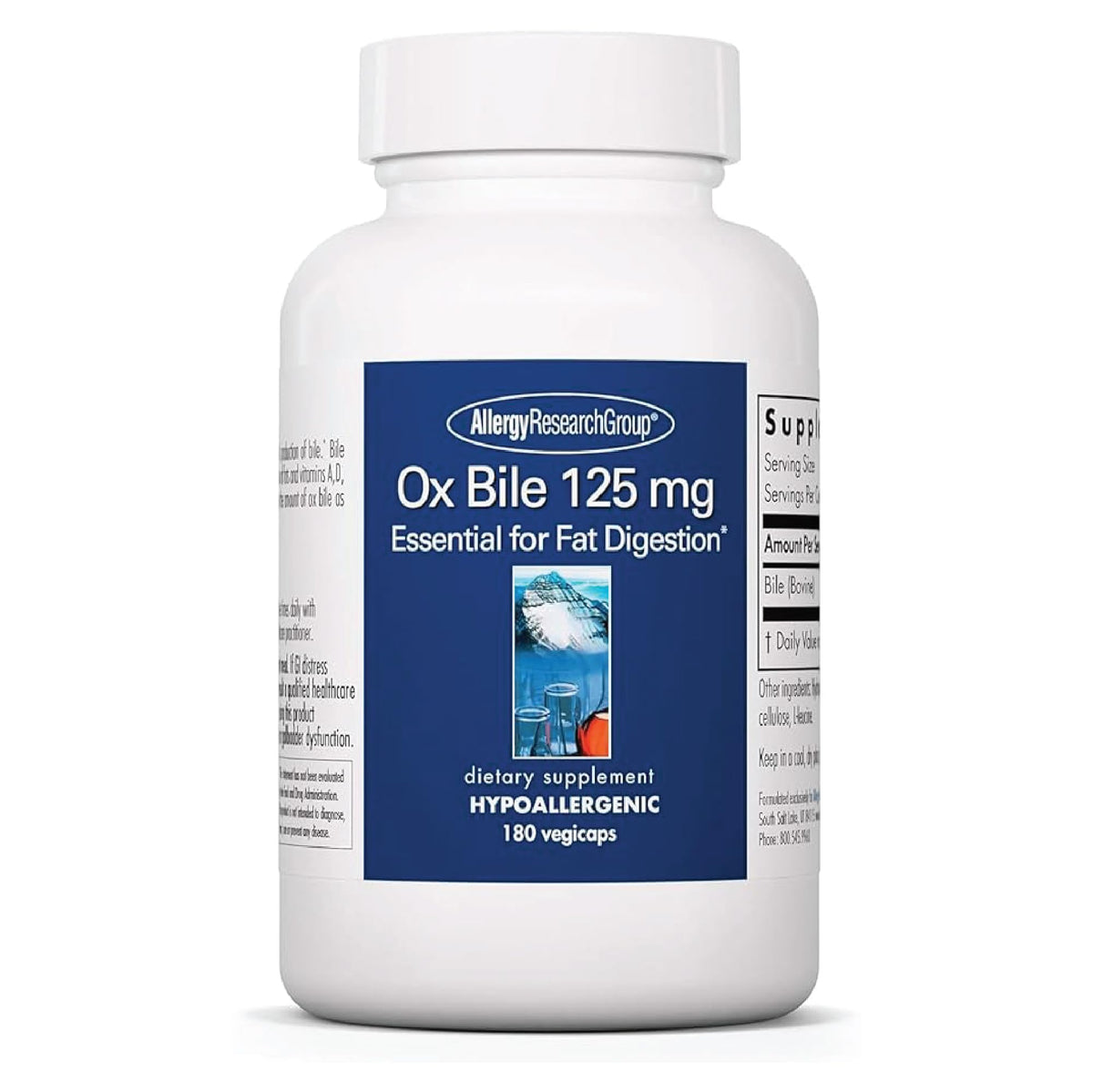 OxBile 125 mg 180 ct, botella frontal para revisar dosis y etiqueta.